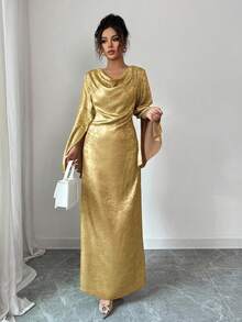 Elenzga Elegant långklänning med draperad krage, öppna ärmar och åtsittande midja, rygglöst knytband för kvinnor, vår/höst - Guld - Visa 6