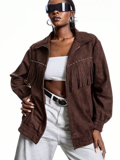 LYSMO Plus Size Bohemian Fringe Rivet Loose Jacket, Autumn/Winter