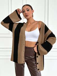 EURMUSE Chaqueta De Suéter De Rayas Con Bloques De Color - Café integral - Ver 5