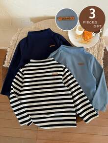 LMoss Kids 3 قطع/طقم تيشيرتات كاجوال للأولاد مخططة وبلون واحد مع طوق مطرز بحرف