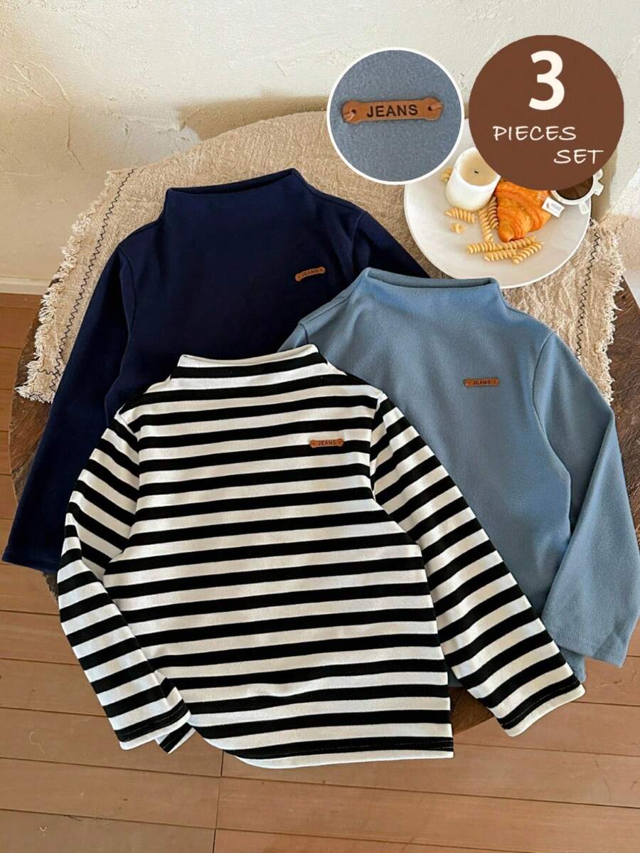 LMoss Kids 3 قطع/طقم تيشيرتات كاجوال للأولاد مخططة وبلون واحد مع طوق مطرز بحرف