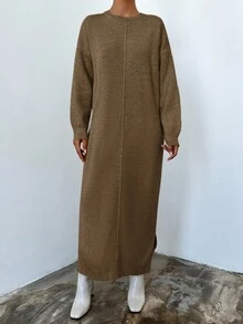 EURMUSE Solid Drop Shoulder Sweater Dress - Camel - View 3