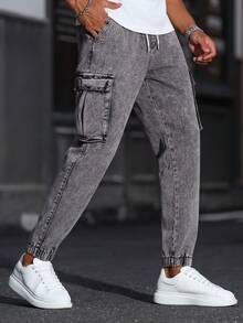 Manfinity Homme Pantalones vaqueros casuales y versátiles para hombres con cintura con cordón y bolsillos