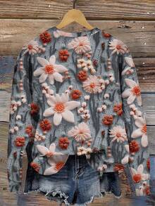 SHEIN LUNE 休闲简约印花图案圆领宽松女式卫衣，复古复古风格，3D刺绣印花，适合秋冬 - 彩色 - 查看 2