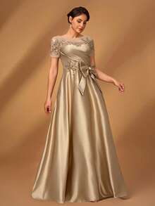 Serin Đầm ngắn tay dáng chữ A sang trọng, lãng mạn, phối lưới, satin, xếp ly, đính hạt cườm, có nơ, thích hợp cho tiệc tối, hẹn hò, du lịch, dạ hội, đám cưới, váy cho mẹ cô dâu, ngày Valentine. - Màu be - Xem 4