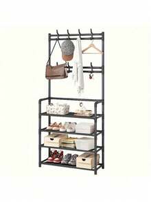 1pc Entry Coat Rack, 23.62" Wide Entryway Shoe Rack, Free Standing Clothes Hanger With 4/5 Tier Storage Shelves And 8 Double Hooks, Organizer For Living Room, Bathroom, Hallway (Self-Assembly Required)