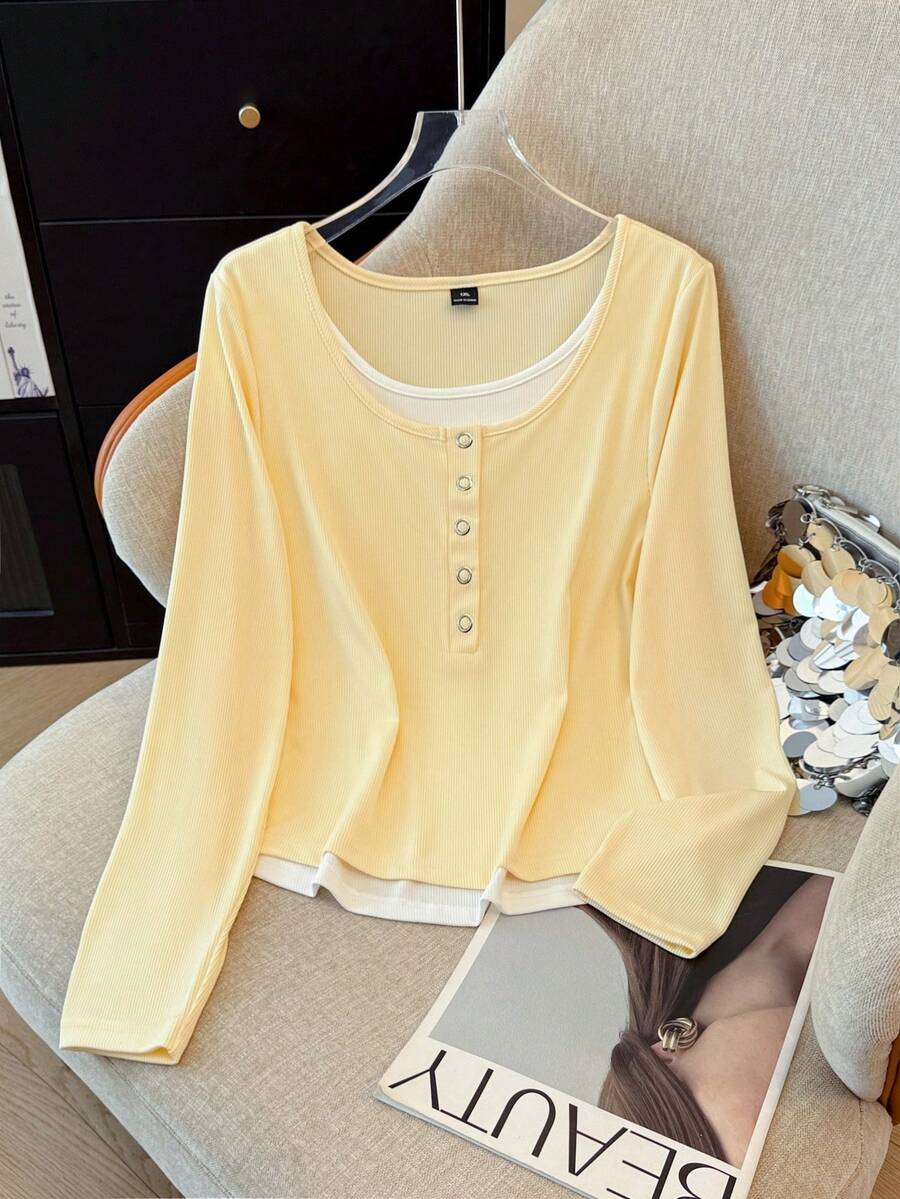 GlowEve CURVE 加大码二合一舒适休闲/工作衬衫，黄色和白色，适合春季、秋季、冬季