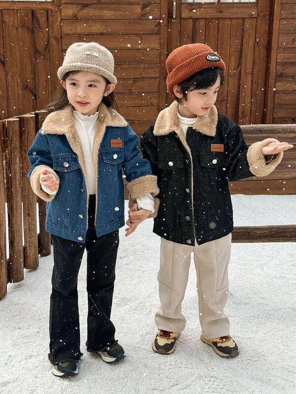 Jesienno-zimowa nowa spersonalizowana, fajna kurtka dla chłopca, kurtka jeansowa z krótkimi klapami i termiczną podszewką, koreański strój zimowy