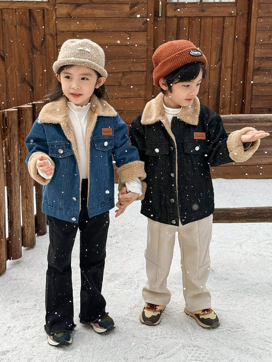 Young Boy Autumn/Winter New Personalized Cool Denim Jacket Outerwear, Thermal Lined Thickened Small Lapel Denim Jacket, Korean Style Winter - Black - View 1