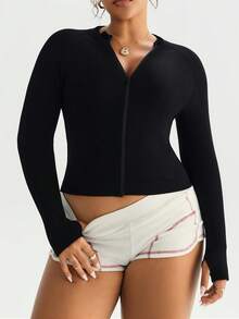 SHEIN Dewbera Plus Size Women's Solid Color Long Sleeve Zip-Up Collar Sports Jacket - Black - View 5