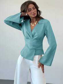 Aloruh New Stylish Commuter Waist Ruched Asymmetric Hem Long Flare Sleeve V-Neck Pullover Blouse - Teal Blue - View 3