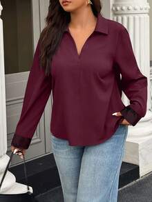 Easura Blusa de moda de manga larga con encaje de contraste para mujer de talla grande