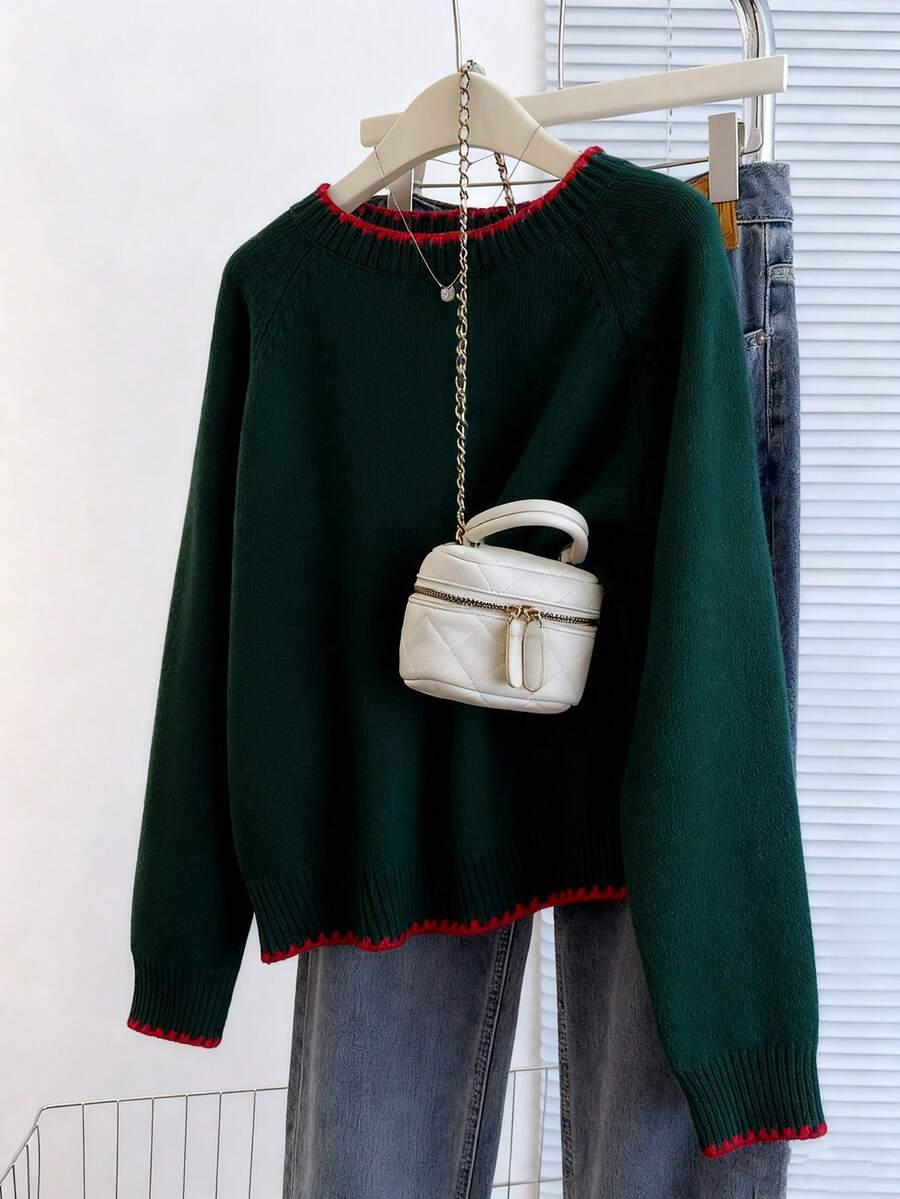Franclia Casual Loose Fit Round Neck Long Sleeve Knitted Contrast Trim Raglan Sleeve Apricot Women Pullover Sweater, Spring/Autumn - Dark Green - View 1