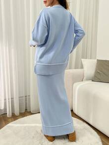 EURMUSE Women Solid Color Round Neck Drop Shoulder Stripe Pattern Pullover & Sweater Skirt Set - Baby Blue - View 4