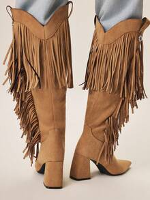 Styleloop Women's Fashionable Brown Pointed Toe Western Style Fringe Tall Boots - Brown - View 6