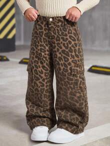 SHEIN 年轻女孩豹纹宽松阔腿牛仔裤