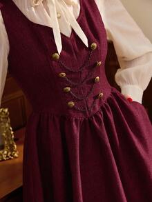 Vintamour 复古优雅女装连衣裙，带口袋，双排扣链条金属纽扣，休闲度假连衣裙，秋季服装 - 酒紅色 - 查看 2