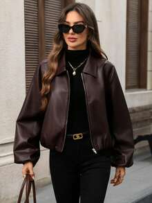 EMERY ROSE 女式街头时尚PU拉链长袖夹克 - 棕色 - 查看 6