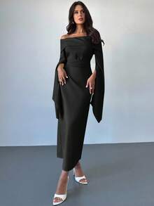 Firerie 优雅纯色露肩长袖褶饰腰部 A 字中长连衣裙，适合夏季、秋季、冬季、日常穿着、度假、毕业典礼、派对，奶油黄色 - 黑色 - 查看 6