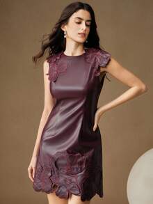 Anewsta 秋冬款勃艮第红刺绣无袖优雅迷你连衣裙，女士，圣诞节，勃艮第红