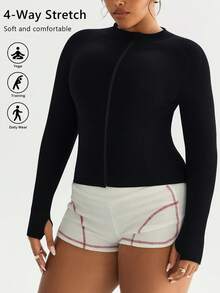 SHEIN Dewbera Plus Size Women's Solid Color Long Sleeve Zip-Up Collar Sports Jacket - Black - View 2