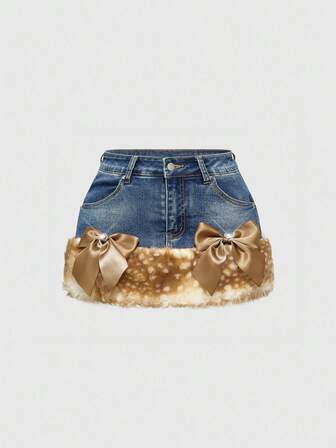 ROMWE Avant Minifalda de mezclilla de talle bajo con estampado de ciervo vintage desgastado y patchwork