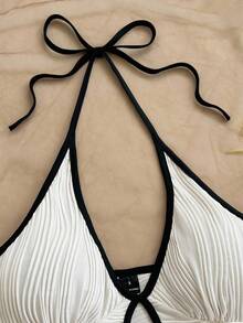 Soleia Women's Sexy Contrast Color Trim Backless Halter Top And Shorts 2 Pieces Set, Summer