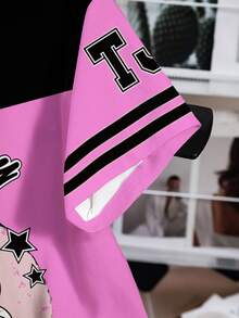 TOM & JERRY X SHEIN تي شيرت نسائي بتصميم كاجوال وشارع بطباعة كرتونية وحروف بألوان متباينة وفضفاض، صيفي