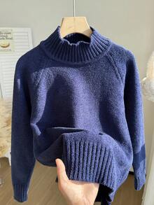 SHEIN 青少年女孩宽松立领毛衣，海军蓝百搭款式，百搭，面料柔软，适合秋冬季、圣诞节、节假日、日常穿着 - 藏蓝色 - 查看 4