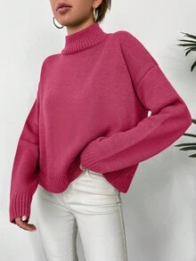 EURMUSE Women's Solid Color Turtleneck Long Sleeve Sweater - Hot Pink - View 3