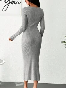 EURMUSE Rib-knit Wrap Sweater Dress - Grey - View 2