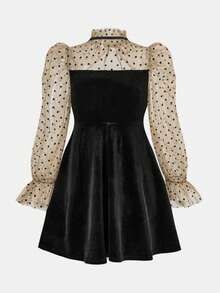 少女优雅波点网纱拼接纯色泡泡袖节日圣诞天鹅绒连衣裙