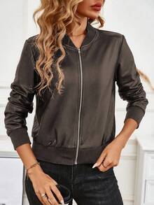 EMERY ROSE Casual Solid Color Baseball Collar Jacket