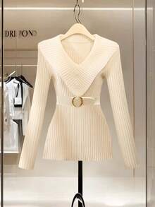 GlowEve V-Neck Ruffle Trim Fitted Elegant Sweater, Versatile Solid Color Soft & Comfortable Pullover For Women, Autumn/Winter