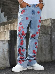 Manfinity EMRG Jeans anchos y sueltos de pierna ancha de color azul medio lavado para hombres, jeans holgados, jeans vintage lavados con forma de luna y desgastados - Lavado ligero - Ver 4