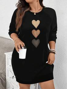 EMERY ROSE Gaun Sweatshirt Lengan Panjang Leher Bulat Motif Hati Kasual Smart Musim Gugur Hitam Ukuran Plus, Sweatshirt Panjang Liburan Thanksgiving Minimalis Vintage, Musim Semi - MultiWarna - View 1
