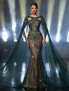 Glamrae Váy maxi đuôi cá đính ngọc trai và sequin thanh lịch, sang trọng, quyến rũ với tay áo bồng bềnh, phù hợp cho đám cưới, tiệc tùng, ngày lễ, dạ hội, sự kiện trang trọng (trang trí đậm) - Màu xanh lá cây đậm - Xem 8