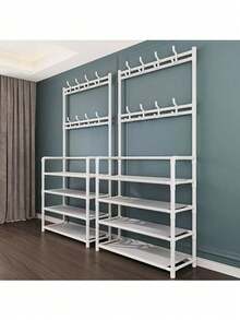 1pc Entry Coat Rack, 23.62" Wide Entryway Shoe Rack, Free Standing Clothes Hanger With 4/5 Tier Storage Shelves And 8 Double Hooks, Organizer For Living Room, Bathroom, Hallway (Self-Assembly Required)