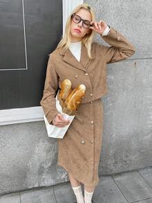 MODELY Ensemble 2 pièces pour adolescentes : Veste coupe-vent en velours côtelé + Jupe mi-longue asymétrique, Design croisé, Style rétro , Convient pour un usage casual, les trajets et les vacances en automne/hiver - Kaki - Voir 4