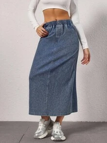 Flexra 女士时尚松紧腰长牛仔裙 - 中等水洗藍 - 查看 3