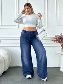 EURMUSE PLUS SIZE DENIM BAGGY WIDE LEG MID WAIST JEANS - Dark Wash - View 3