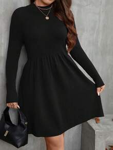 SHEIN Clasi Plus Size Solid Color Knit Casual Dress, Autumn/Winter - Black - View 3