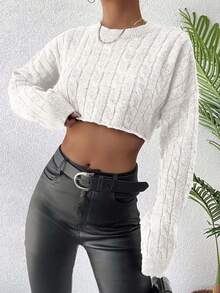 EURMUSE Pull Court En Tricot Torsadé Épaule tombante - Beige - Voir 3