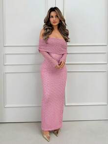 Jemour Apricot Open Shoulder Textured Jacquard Fabric Long Sleeve Fitted Dress, Suitable For Romantic Dates And Vacation - Pink - View 1