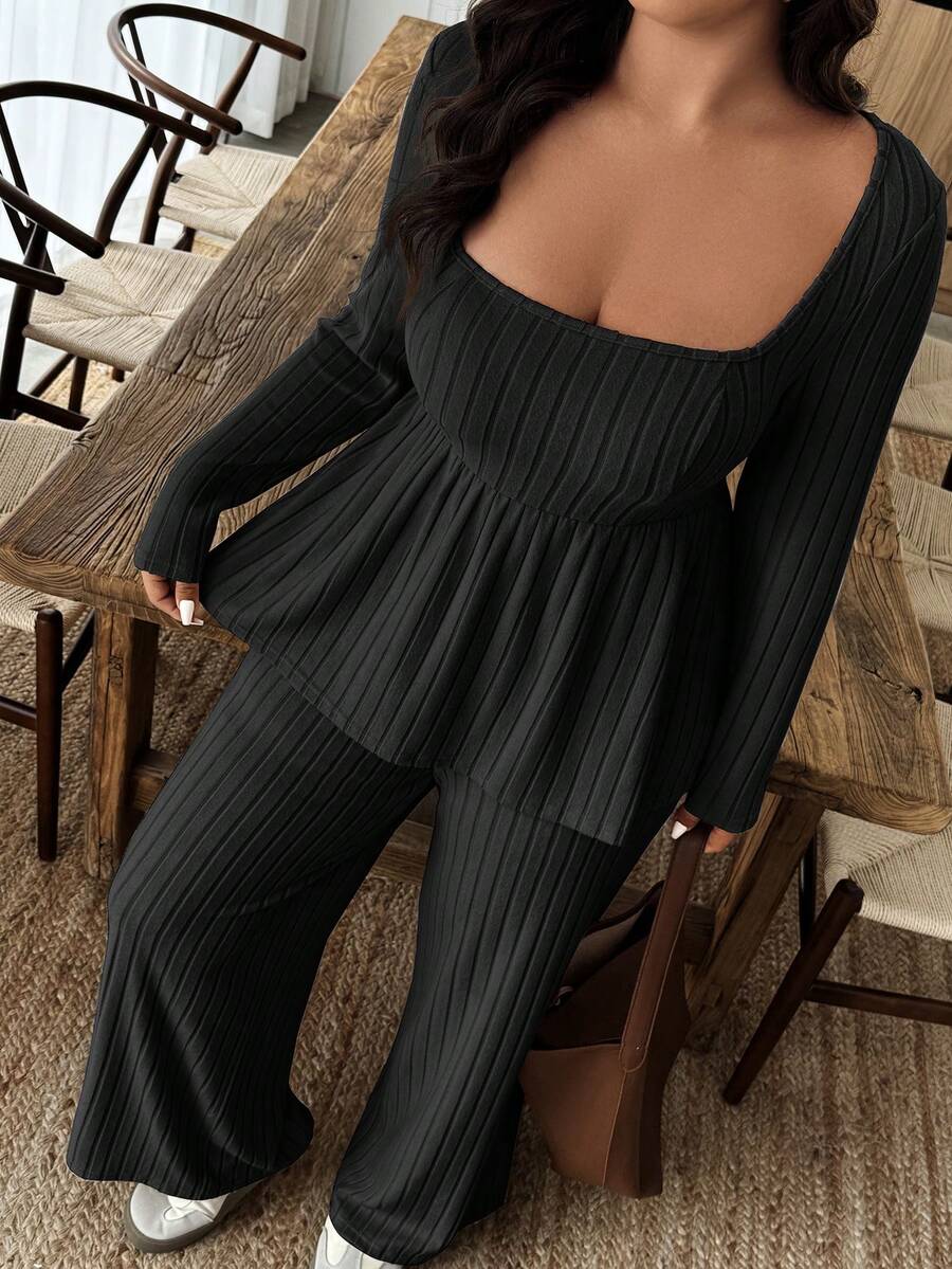 EMERY ROSE Women's Plus Size Plush Fabric Loose Collar Top, Warm Casual 2 Pieces Set, Autumn/Winter - Black - View 1