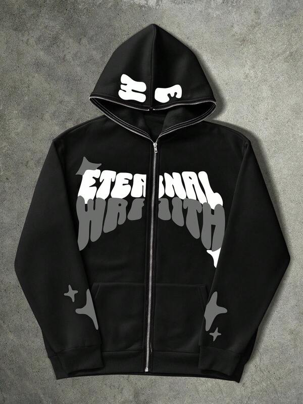 Manfinity EMRG Cardigan à capuche zippé avec graphique lettrage, style décontracté, grande taille, automne