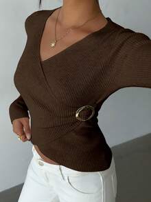 Elenzga Áo len trơn họa tiết gân cổ điển tối giản ôm sát thanh lịch dành cho nữ - Cà phê nâu - Xem 6