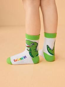 CoComelon X SHEIN 3 Pairs Boys Cotton Soft & Breathable Moisture-Wicking Kids Mid-Calf Socks Colorful Cute Cartoon Crew Socks Reinforced Toe & Heel For Durability All Seasons All-Match School & Outdoor Summer Winter,Dinosaur,Blue & White - Multicolor - View 5