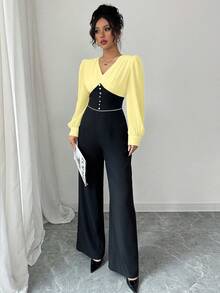 Modelyn Elegant V-Neck Contrast Color Waist Cinched Loose Wide Leg Pants - Yellow - View 3