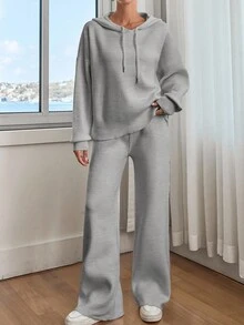 EURMUSE Women Solid Color Drop Shoulder Hooded Pullover & Sweater Pants Set - Light Grey - View 6